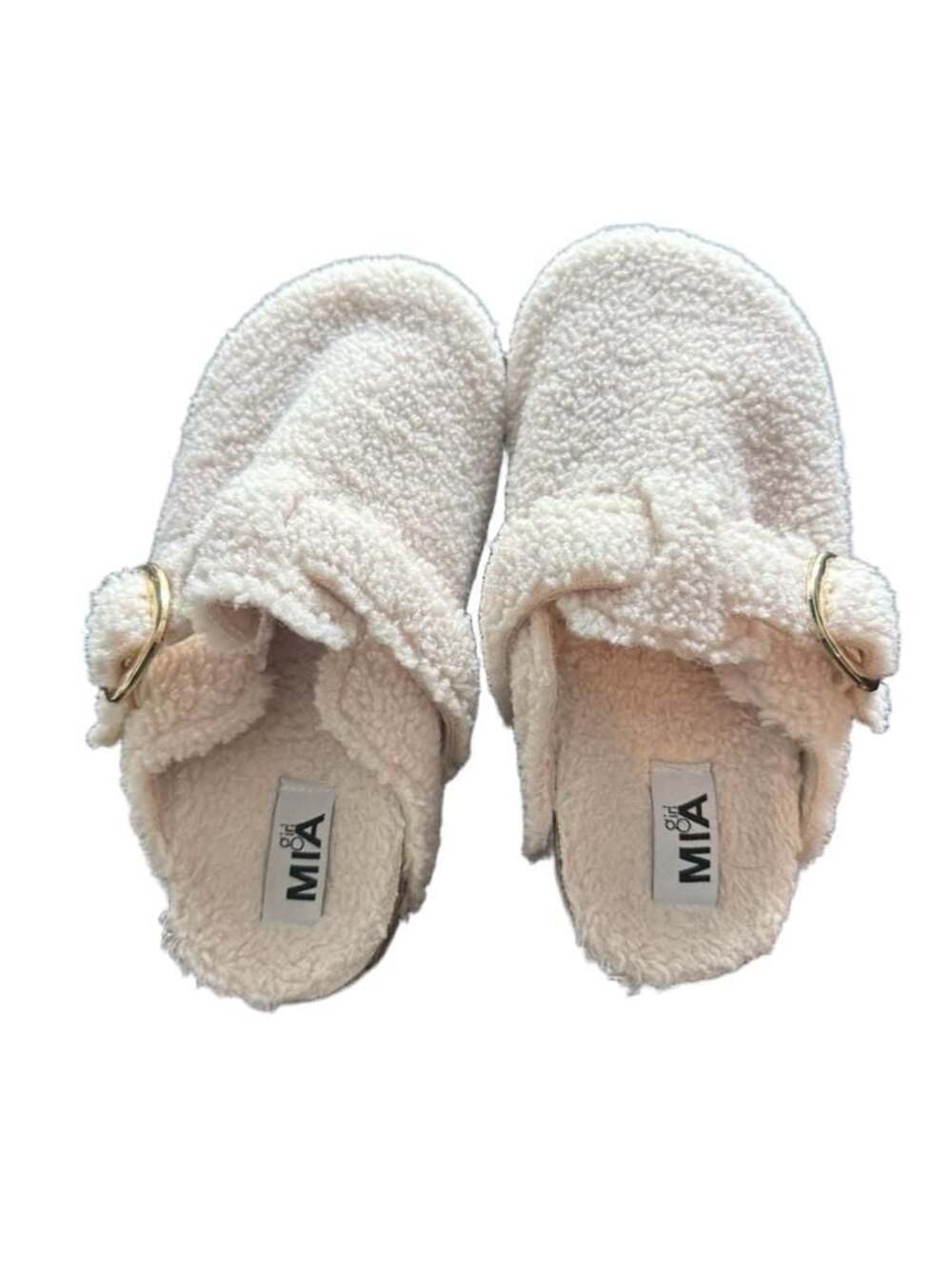 MIA girls Cream Fuzzy Faux Shearling slip on shoes Clogs Gold Buckle